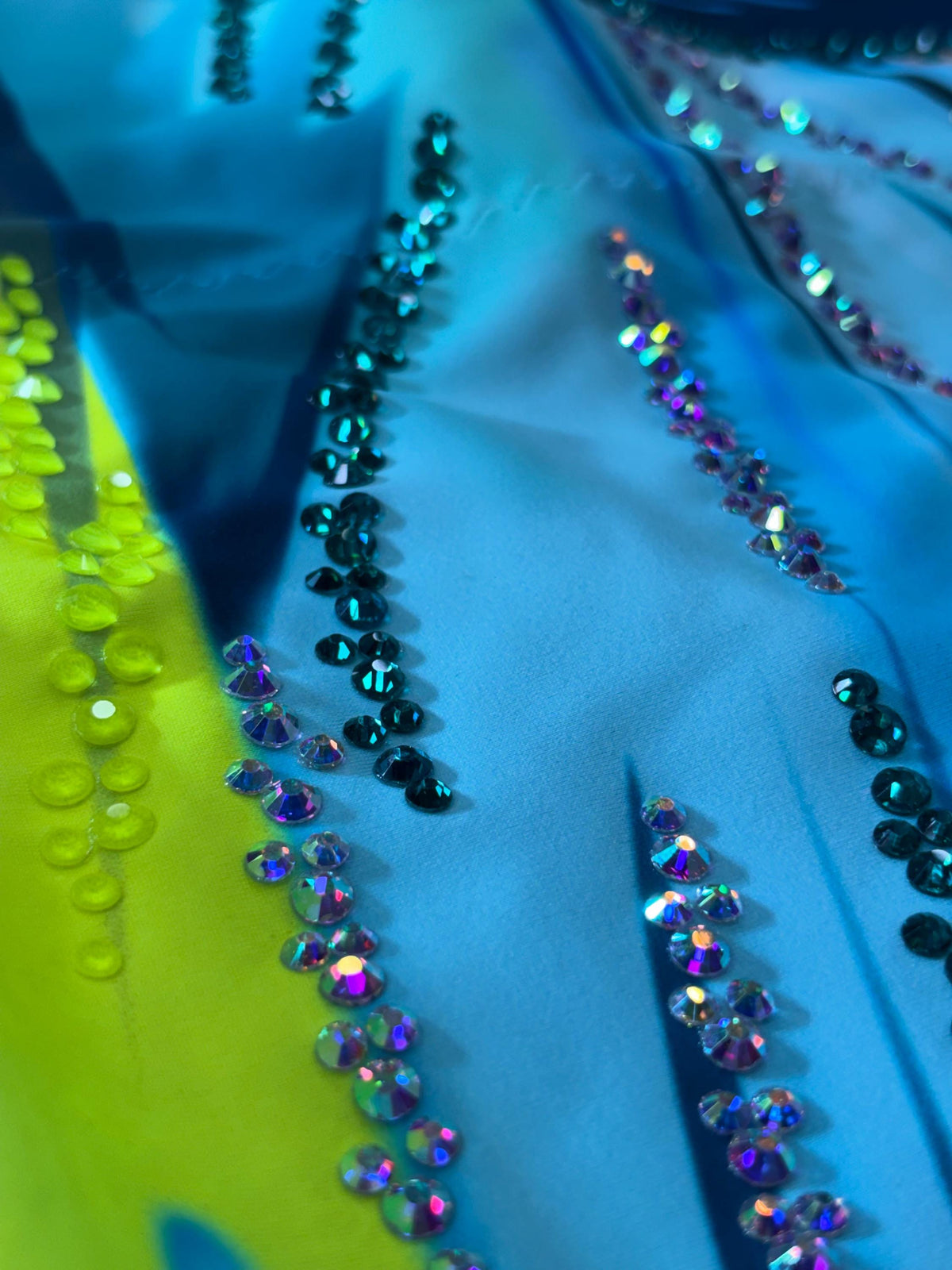 Artistic Gymnastics Leotard CLAVEL – Blue, Turquoise and Neon Yellow – Girls/Women Customizable with Rhinestones