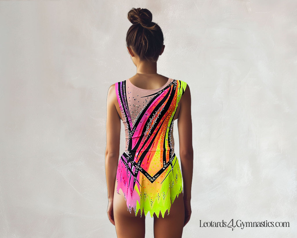 Dance Leotard LILY – Fuchsia Pink, Neon Yellow, Orange, Lime Green and Black – Girls/Women – Customizable with Rhinestones