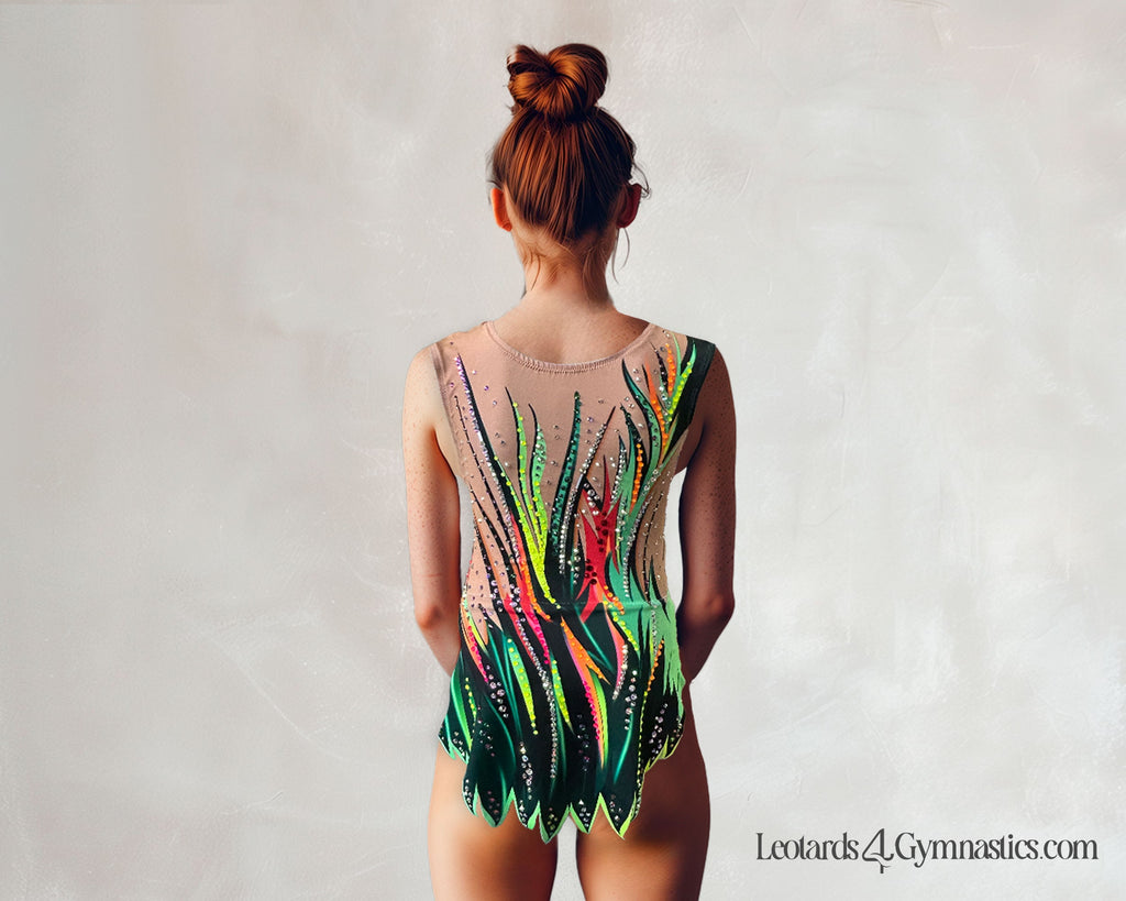 Ballet & Dance Leotard CIRCA – Neon Multicolour Green and Yellow on Black – Girls & Women with Rhinestones