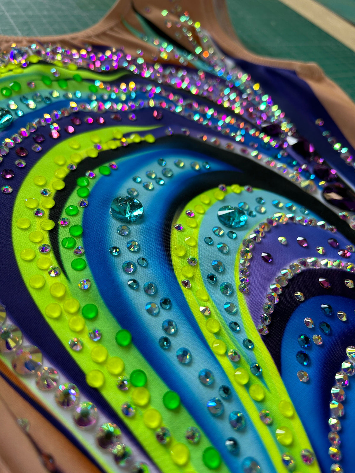 Artistic Gymnastics Leotard FIRA – Navy Blue, Turquoise and Lime Green – Girls/Women – Customizable with Rhinestones