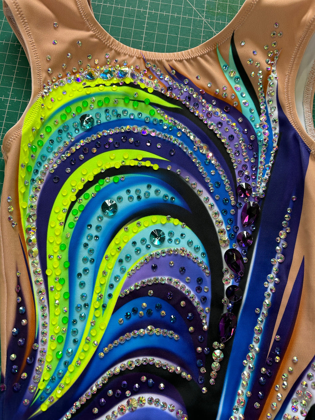Artistic Gymnastics Leotard FIRA – Navy Blue, Turquoise and Lime Green – Girls/Women – Customizable with Rhinestones