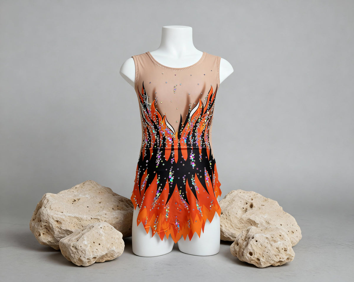 Rhythmic Gymnastics Leotard LAVA – Orange, Red, Black and Yellow – Girls/Women Sleeveless Customizable with Rhinestones