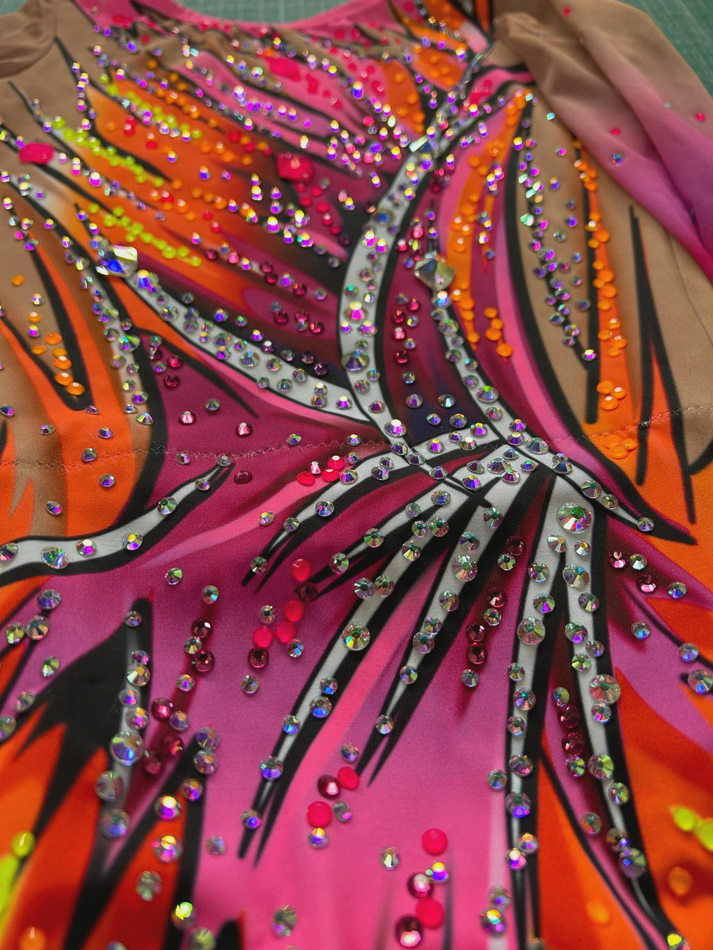 Artistic Gymnastics Leotard SOLEIL – Fuchsia Pink, Orange, Yellow and Black – Girls/Women – Customizable with Rhinestones