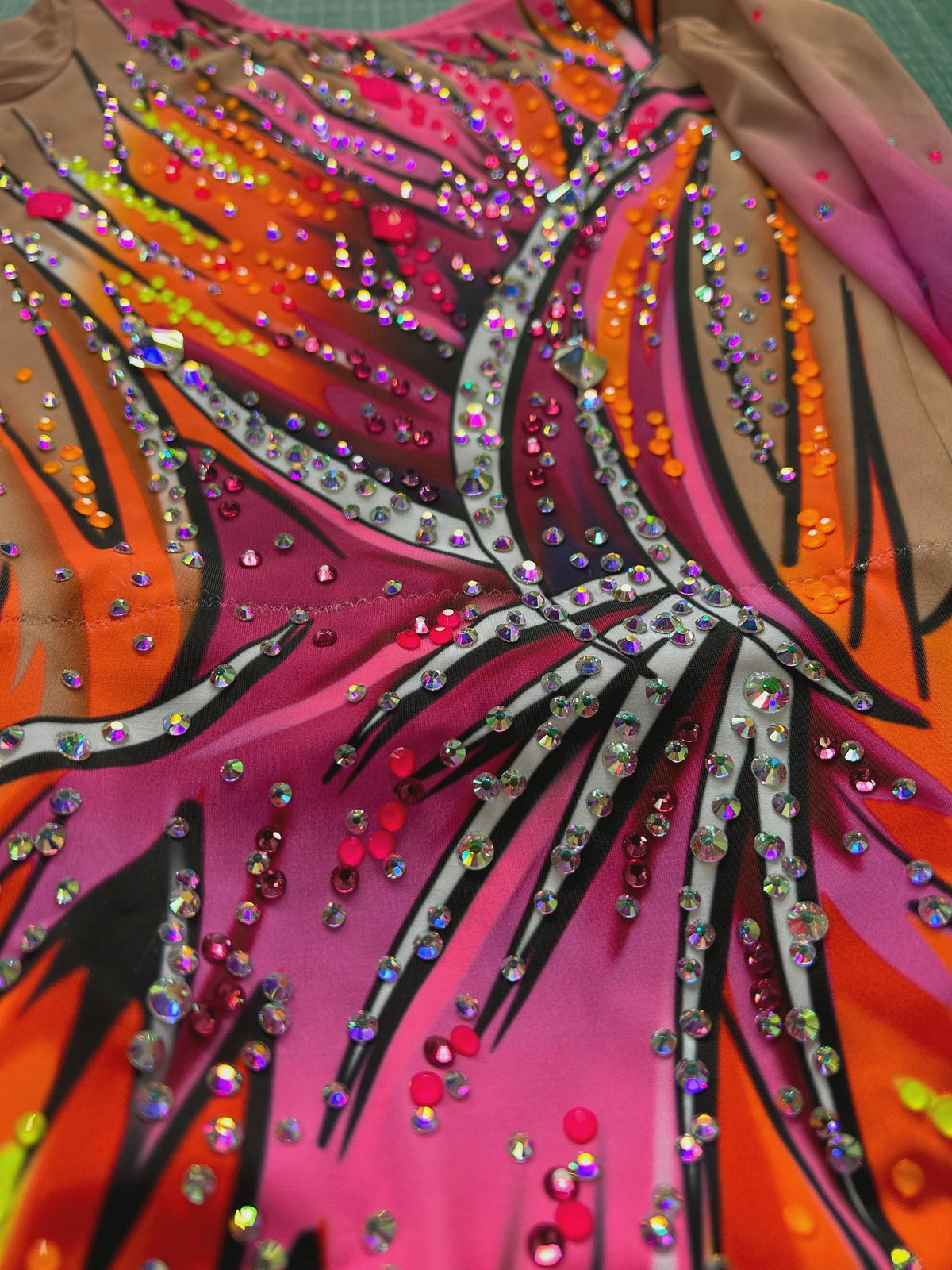 Artistic Gymnastics Leotard SOLEIL – Fuchsia Pink, Orange, Yellow and Black – Girls/Women – Customizable with Rhinestones