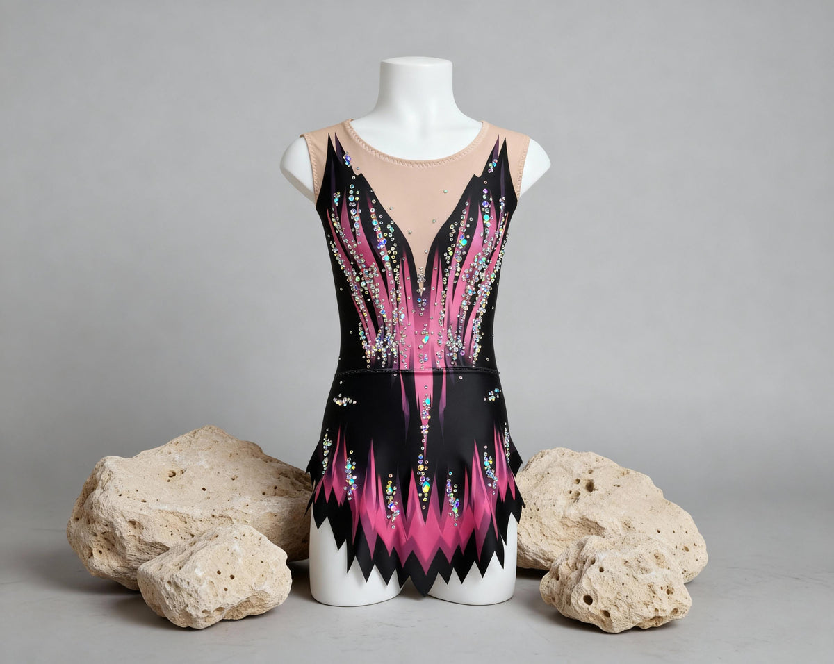 Rhythmic Gymnastics Leotard BLACKPINK – Black, Neon Pink and Fuchsia – Girls/Women – Customizable with Rhinestones