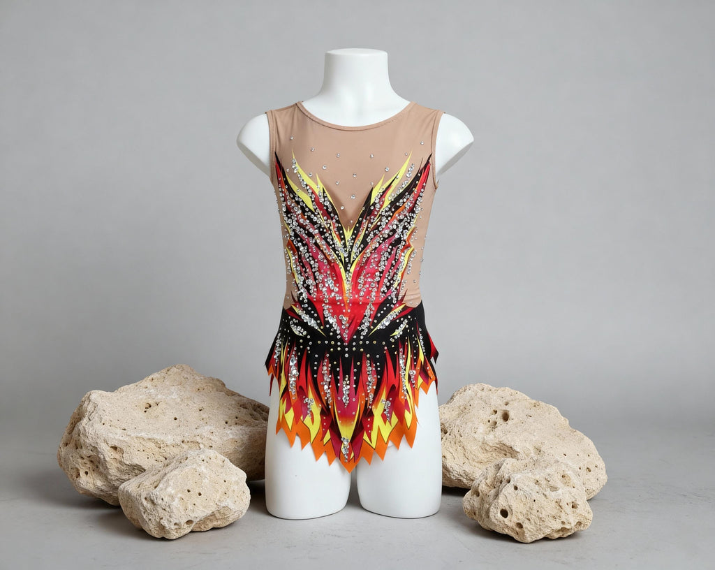 Rhythmic Gymnastics Leotard FUEGO – Red, Orange, Yellow and Black – Girls/Women – Customizable with Rhinestones