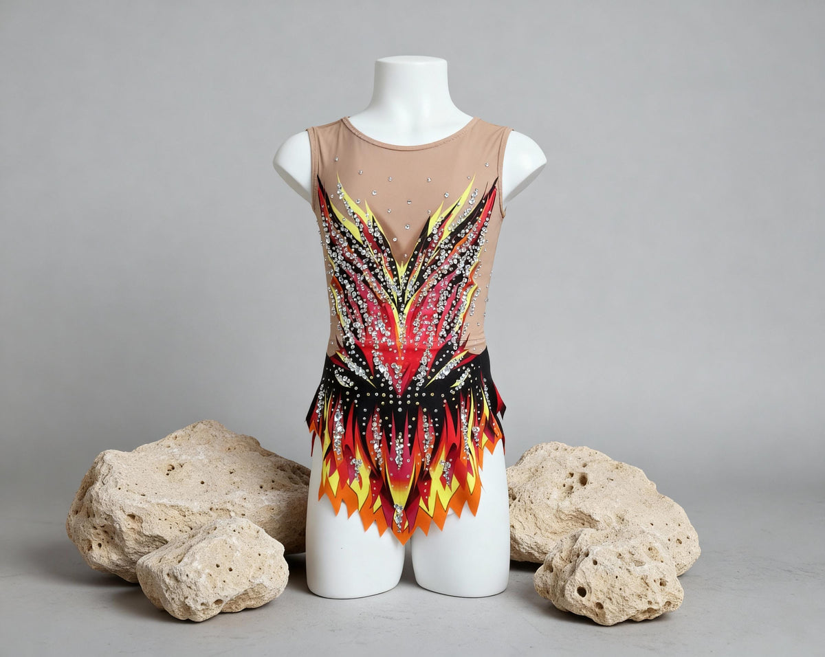 Rhythmic Gymnastics Leotard FUEGO – Red, Orange, Yellow and Black – Girls/Women – Customizable with Rhinestones