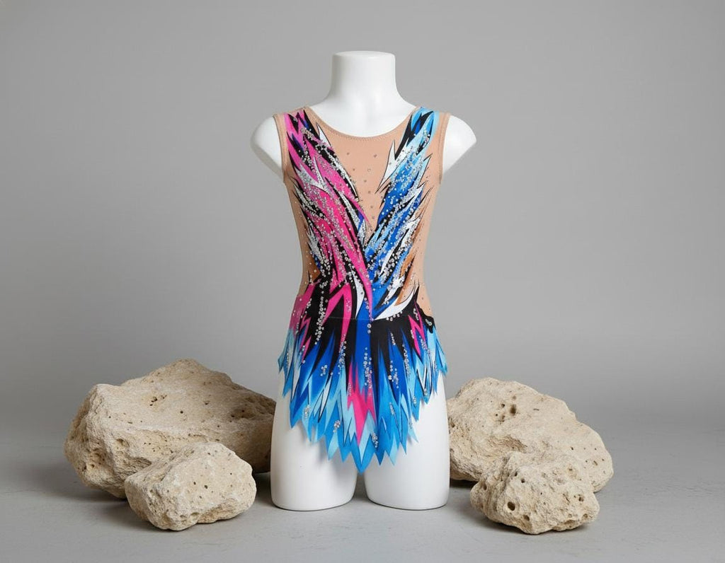 Skating Leotard MARINA – Blue, Turquoise, Fuchsia Pink and Black – Girls/Women Sleeveless Customizable with Rhinestones