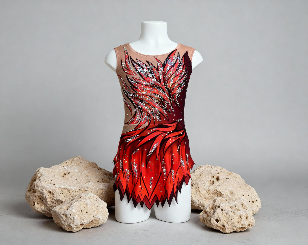 Rhythmic Gymnastics Leotard SCARLET – Scarlet Red and Burgundy – Girls/Women Customizable with Rhinestones
