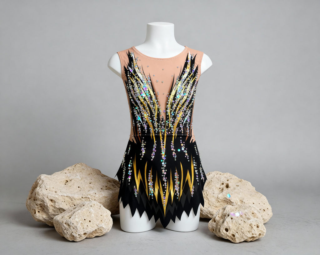 Ballet Leotard NOIR DORÉ – Black and Gold – Girls/Women Sleeveless Customizable with Rhinestones