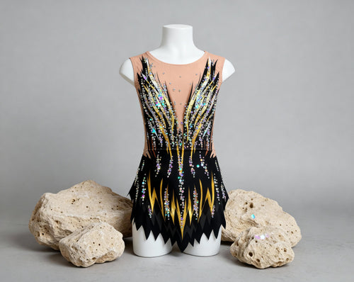 Ballet Leotard NOIR DORÉ – Black and Gold – Girls/Women Sleeveless Customizable with Rhinestones