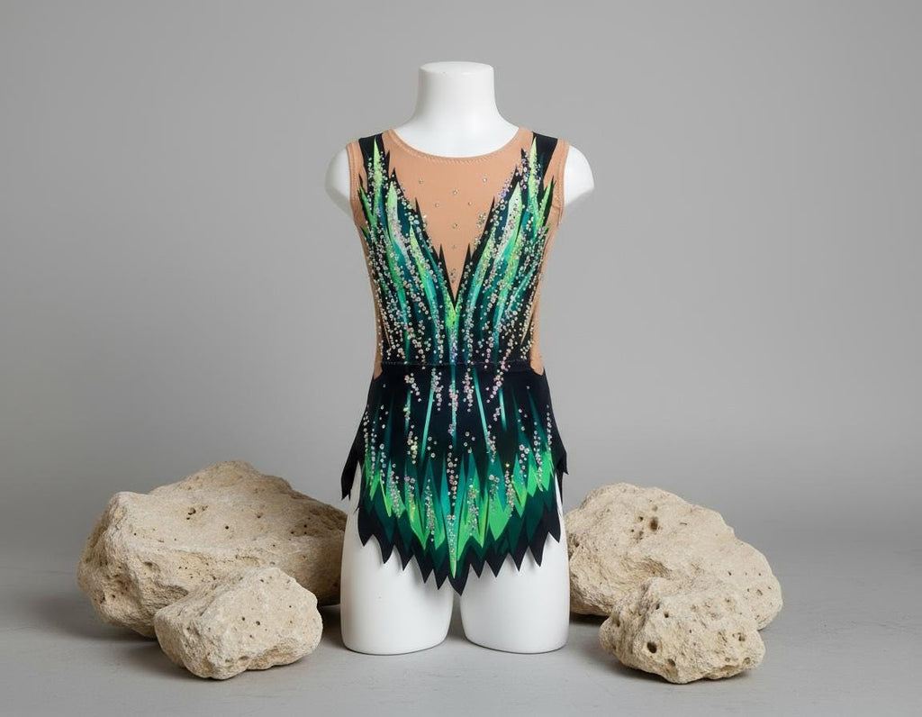 Artistic Gymnastics Leotard ESMERALDA – Green, Lime Green and Black – Girls/Women – Customizable with Rhinestones