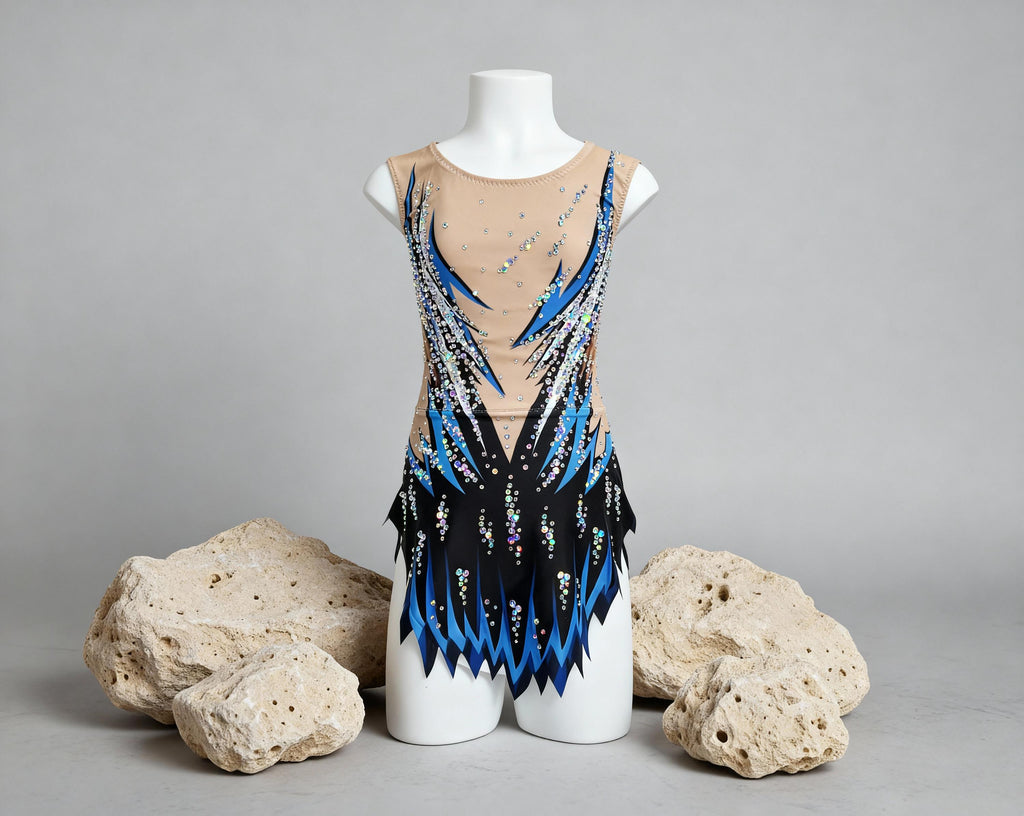 Skating Leotard VOLT – Electric Blue, Black and White – Girls/Women Customizable with Rhinestones