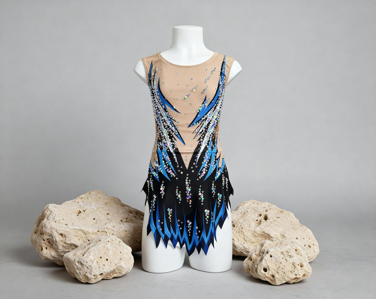 Skating Leotard VOLT – Electric Blue, Black and White – Girls/Women Customizable with Rhinestones