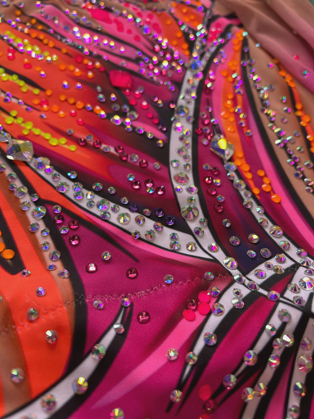 Artistic Gymnastics Leotard SOLEIL – Fuchsia Pink, Orange, Yellow and Black – Girls/Women – Customizable with Rhinestones