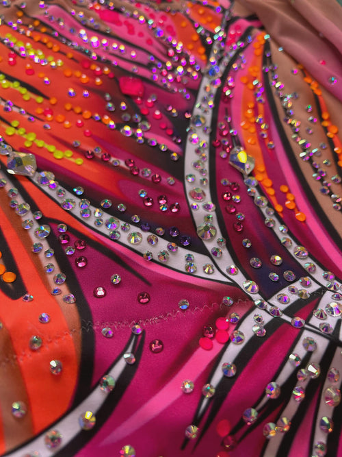 Artistic Gymnastics Leotard SOLEIL – Fuchsia Pink, Orange, Yellow and Black – Girls/Women – Customizable with Rhinestones