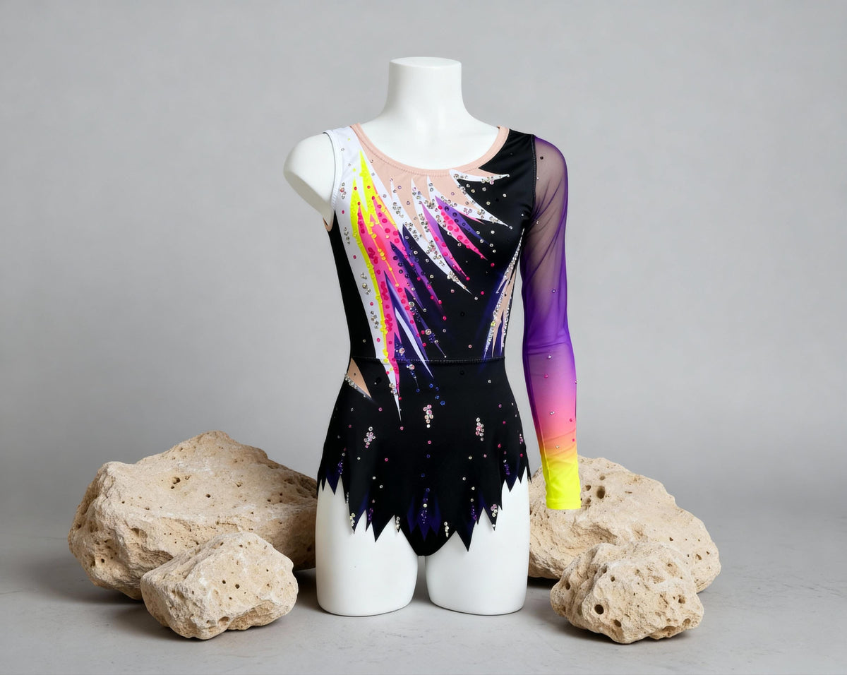Rhythmic Gymnastics Leotard ALANA – Black Multicolor, Asymmetric Long Sleeve – Girls' Competition Customizable with Rhinestones