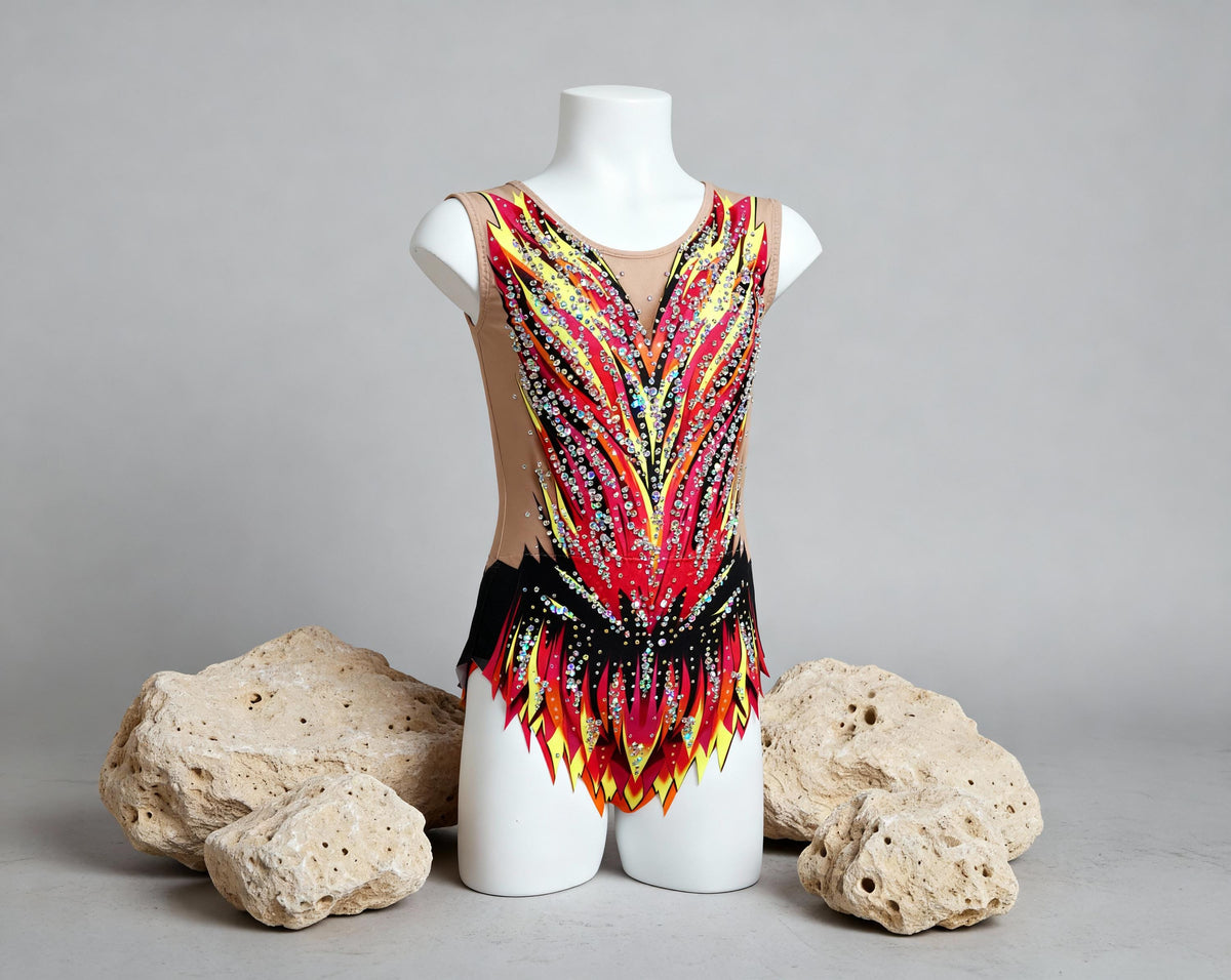 Rhythmic Gymnastics Leotard FUEGO – Red, Orange, Yellow and Black – Girls/Women – Customizable with Rhinestones