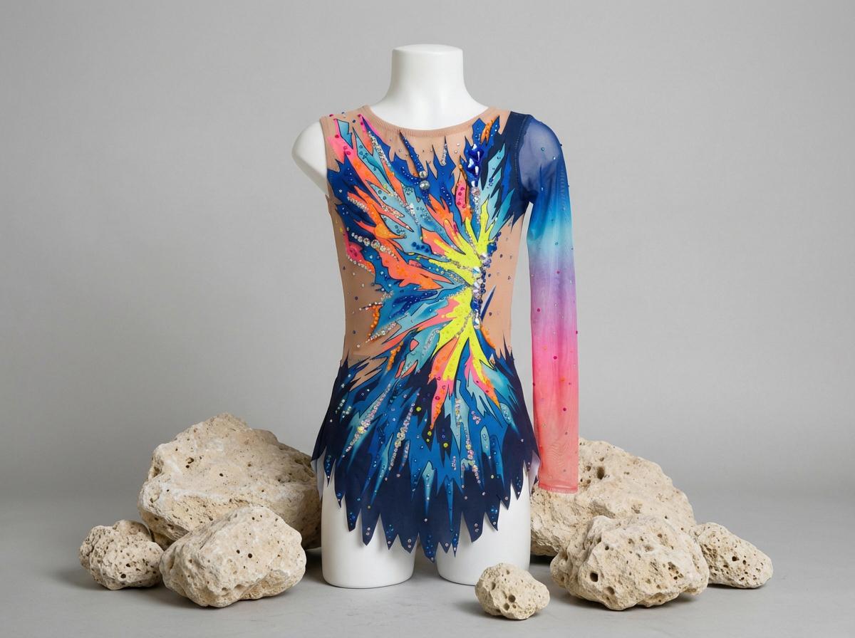 Rhythmic Leotard ISABELLA – Blue, Turquoise, Orange and Neon Yellow – Girls/Women – Tulle Sleeve – Customizable with Rhinestones