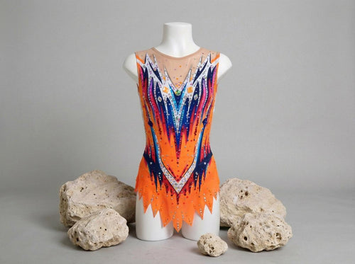 Artistic Gymnastics Leotard REGINA – Orange, Navy Blue, Pink and White – Girls/Women – Customizable with Rhinestones