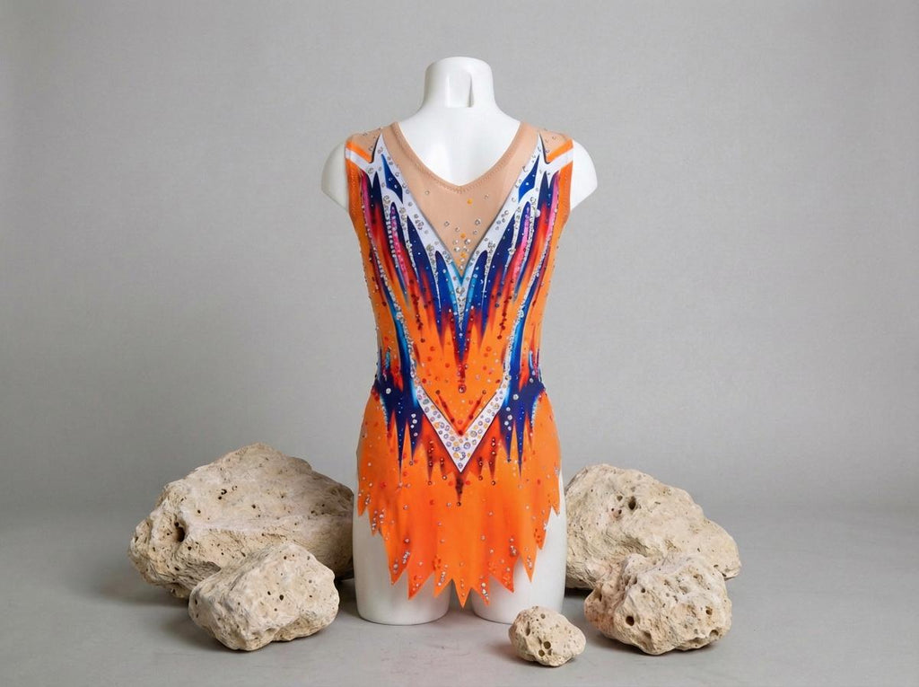 Artistic Gymnastics Leotard REGINA – Orange, Navy Blue, Pink and White – Girls/Women – Customizable with Rhinestones