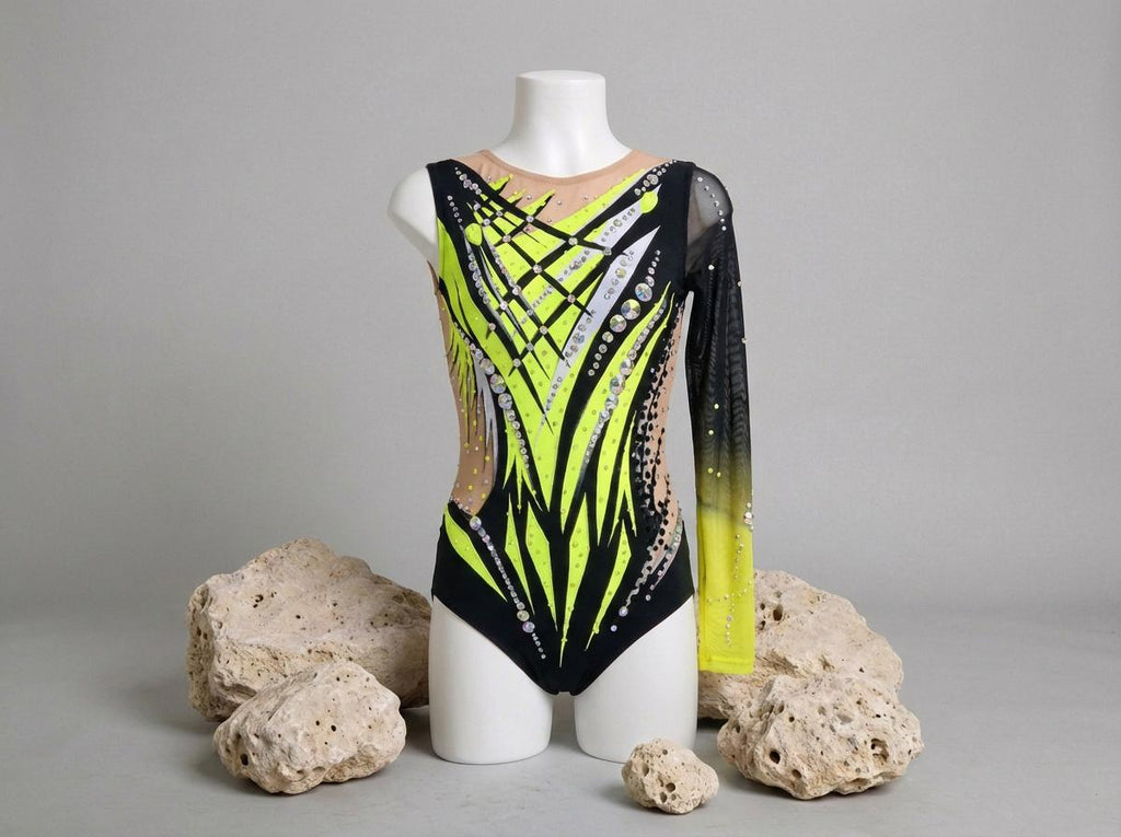 Rhythmic Leotard NOVA – Black, Neon Yellow, Lime Green and Silver – Girls/Women – Customizable with Rhinestones