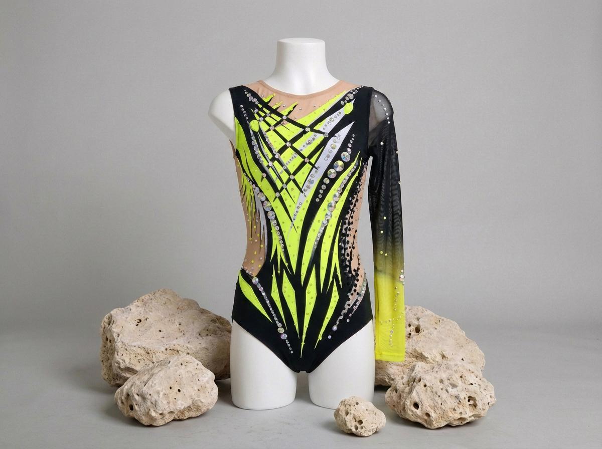 Rhythmic Leotard NOVA – Black, Neon Yellow, Lime Green and Silver – Girls/Women – Customizable with Rhinestones