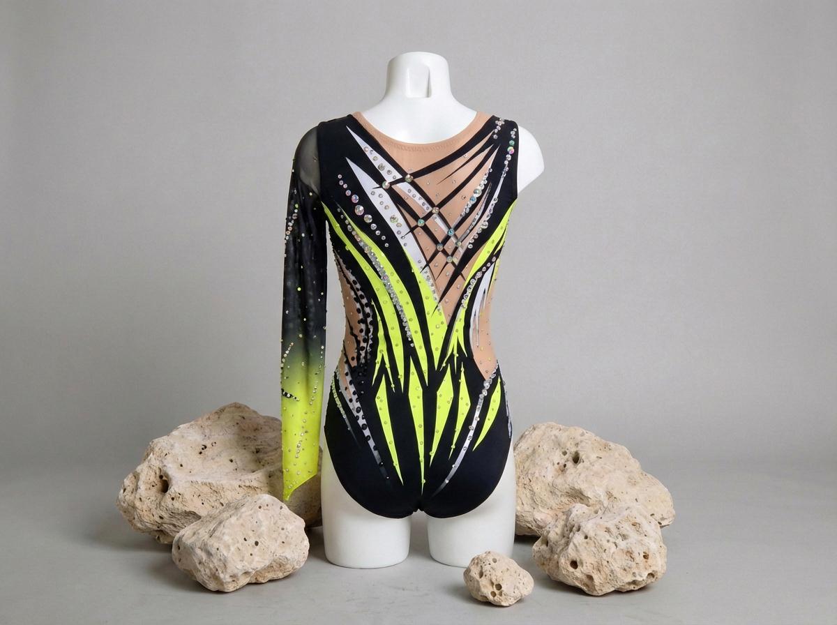 Rhythmic Leotard NOVA – Black, Neon Yellow, Lime Green and Silver – Girls/Women – Customizable with Rhinestones