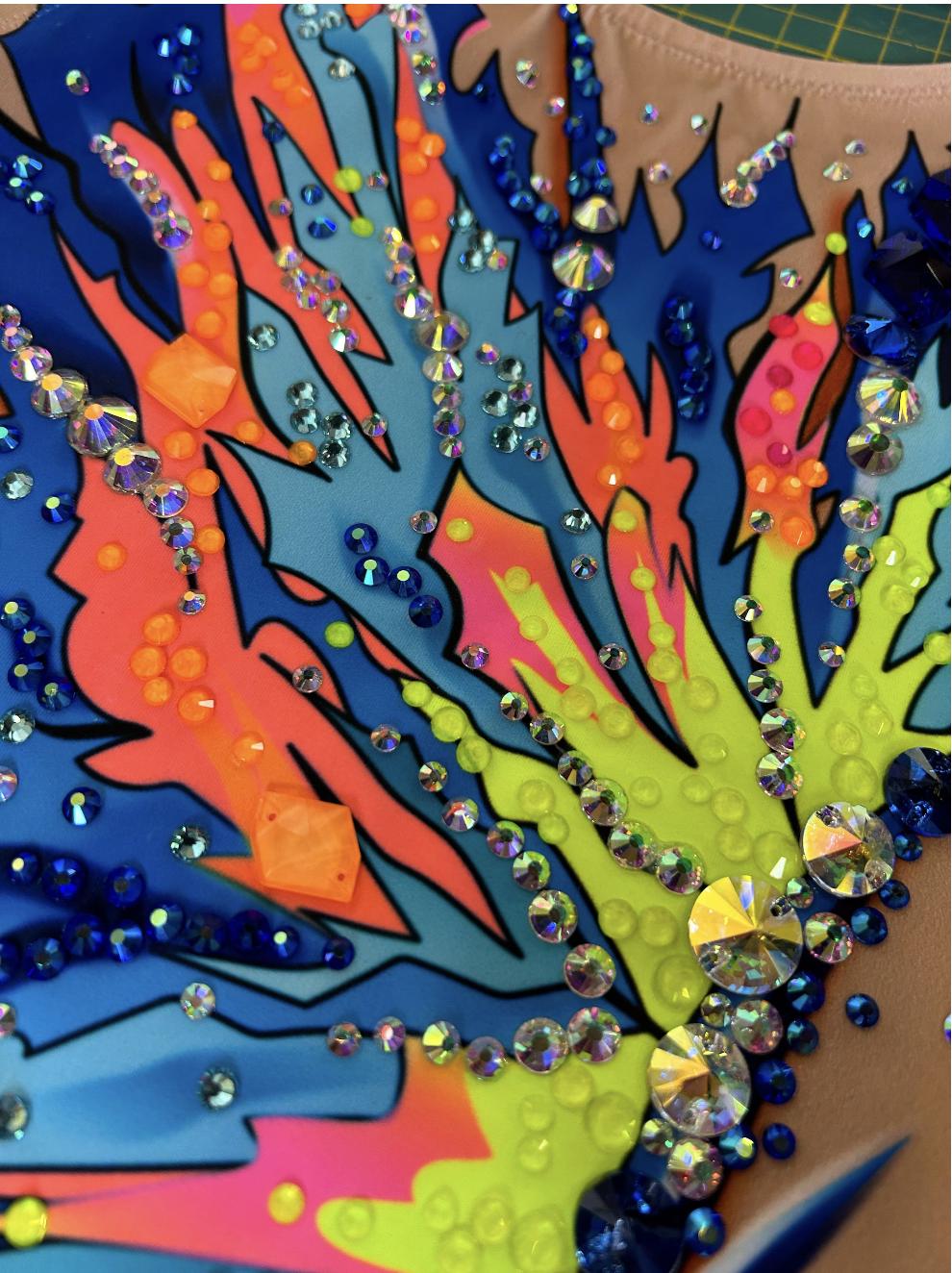 Rhythmic Leotard ISABELLA – Blue, Turquoise, Orange and Neon Yellow – Girls/Women – Tulle Sleeve – Customizable with Rhinestones