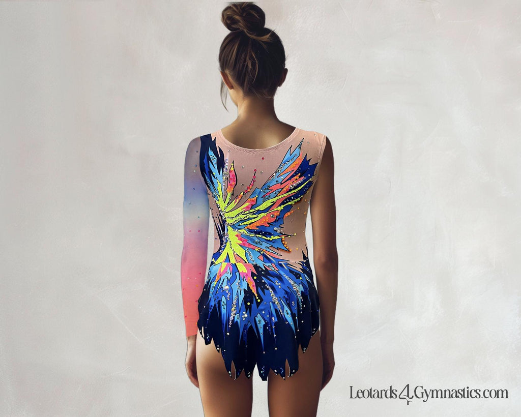 Rhythmic Leotard ISABELLA – Blue, Turquoise, Orange and Neon Yellow – Girls/Women – Tulle Sleeve – Customizable with Rhinestones