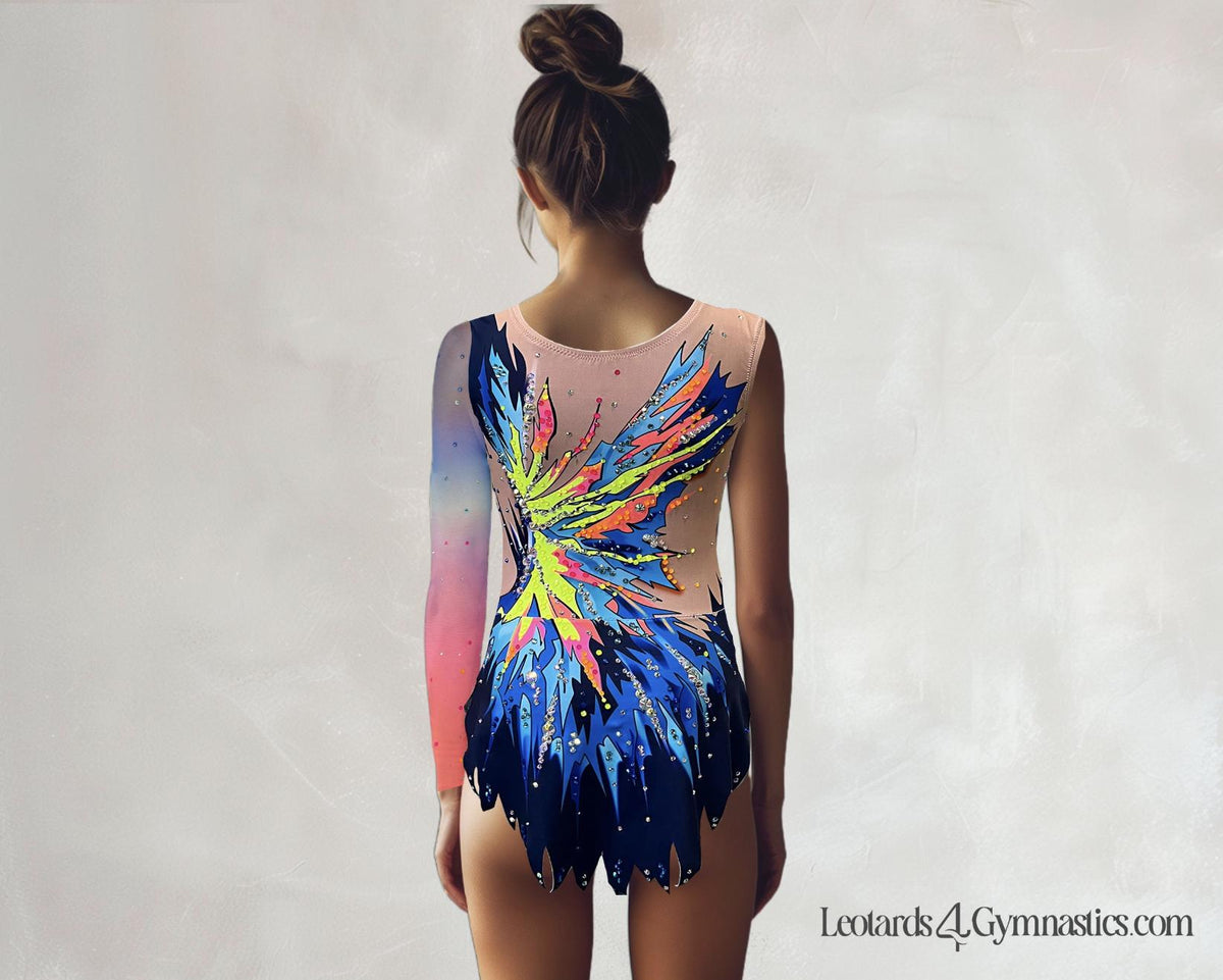 Rhythmic Leotard ISABELLA – Blue, Turquoise, Orange and Neon Yellow – Girls/Women – Tulle Sleeve – Customizable with Rhinestones