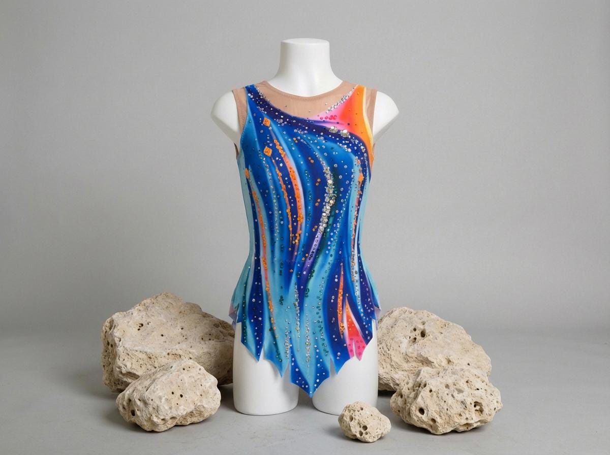 Skating Leotard AURORA – Blue, Light Blue, Turquoise, Orange and Pink – Girls & Women – Customizable with Rhinestones