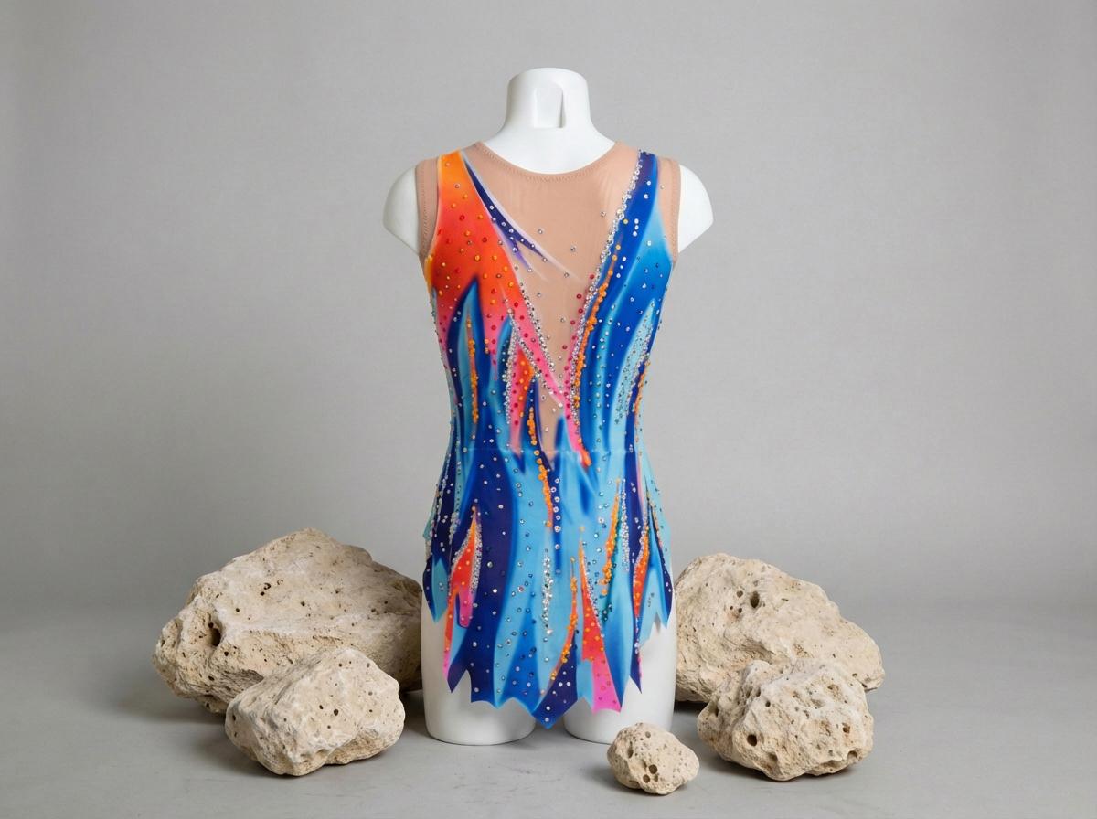 Skating Leotard AURORA – Blue, Light Blue, Turquoise, Orange and Pink – Girls & Women – Customizable with Rhinestones