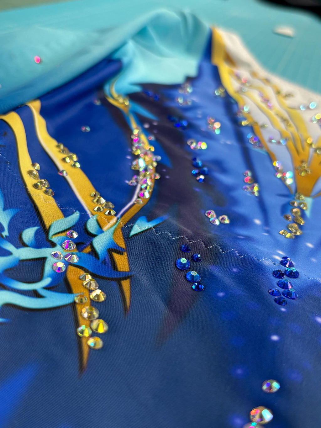 Skating Leotard ATLANTA – Navy Blue, Turquoise and Gold – Girls/Women Customizable with Rhinestones