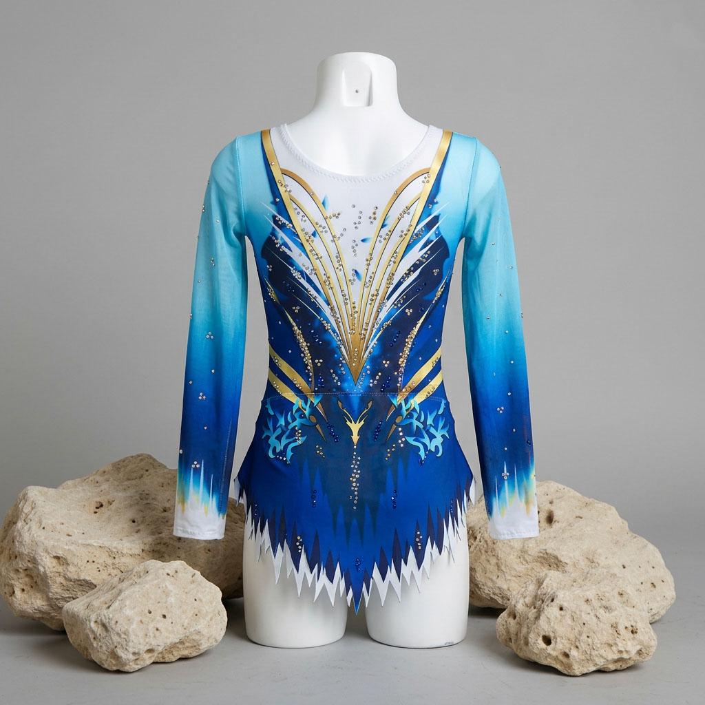 Skating Leotard ATLANTA – Navy Blue, Turquoise and Gold – Girls/Women Customizable with Rhinestones