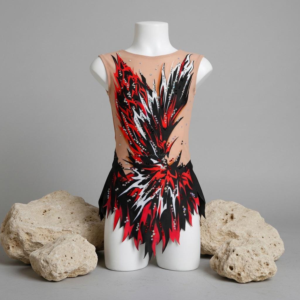 Rhythmic Leotard VOLCANO – Red, Black and White – Girls & Women – Customizable with Rhinestones