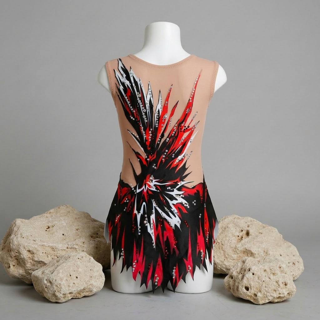 Rhythmic Leotard VOLCANO – Red, Black and White – Girls & Women – Customizable with Rhinestones