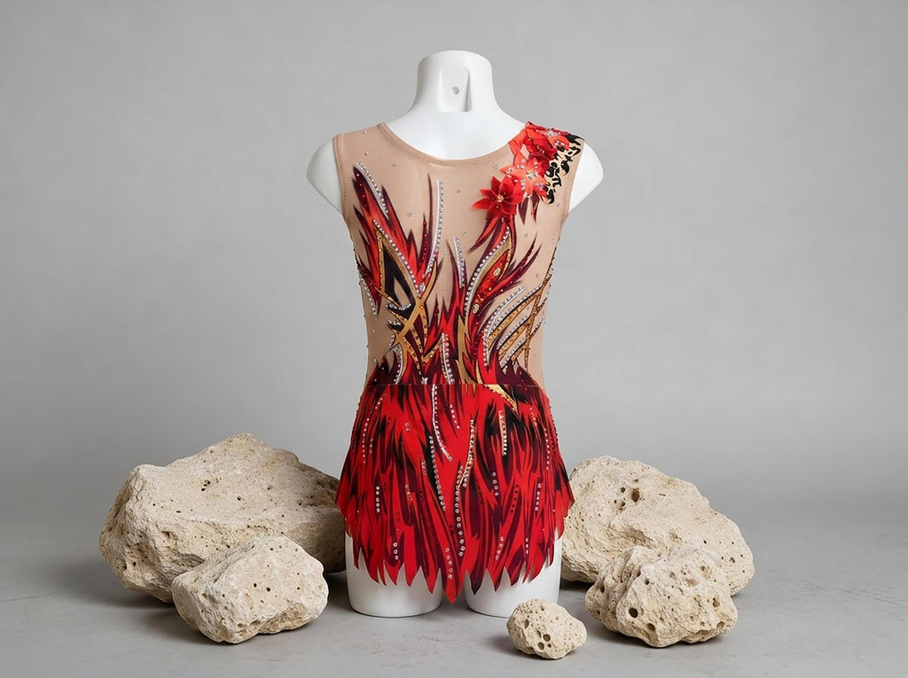 Dance Leotard FLAME – Red, Black and Gold – Girls & Women – Customizable with Rhinestones
