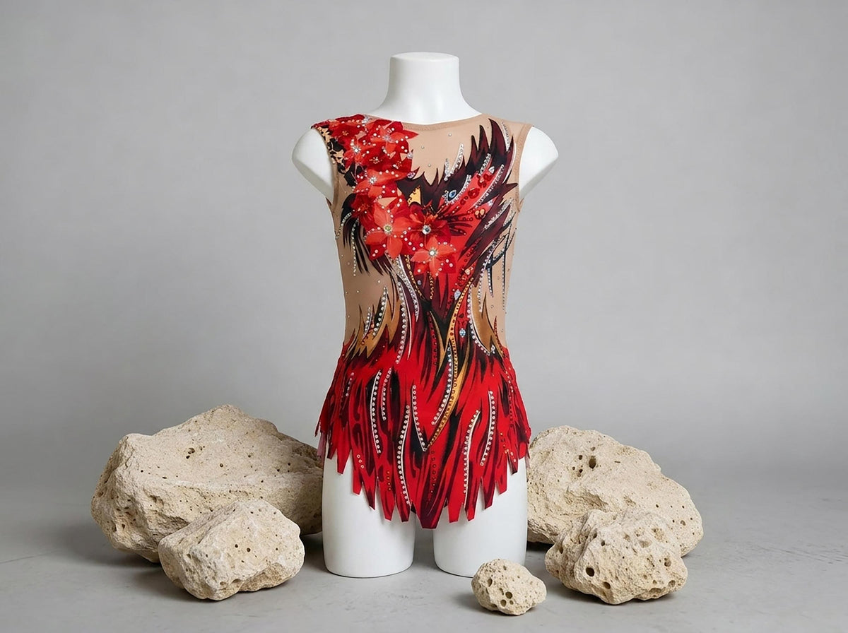 Dance Leotard FLAME – Red, Black and Gold – Girls & Women – Customizable with Rhinestones